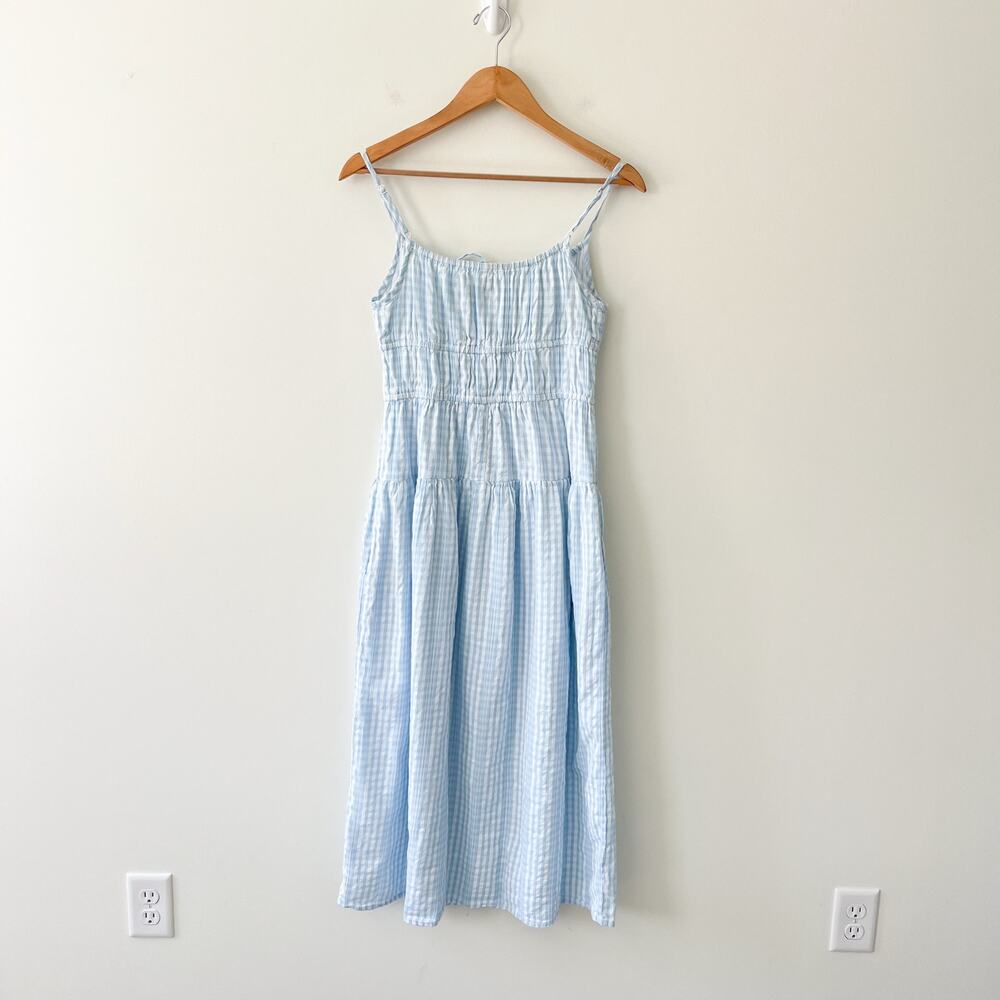 Sim & Sam Blue White Gingham Smocked Double Bow Tie Midi Dress Size Medium - Picture 3 of 12
